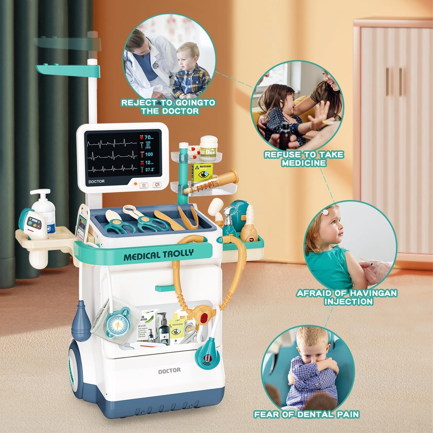 Sotodik Doctor Kit For Kids 28 Accessories Pretend Medical Station Set Mobile Cart With Lights,Thermometer, Stethoscope And Doct