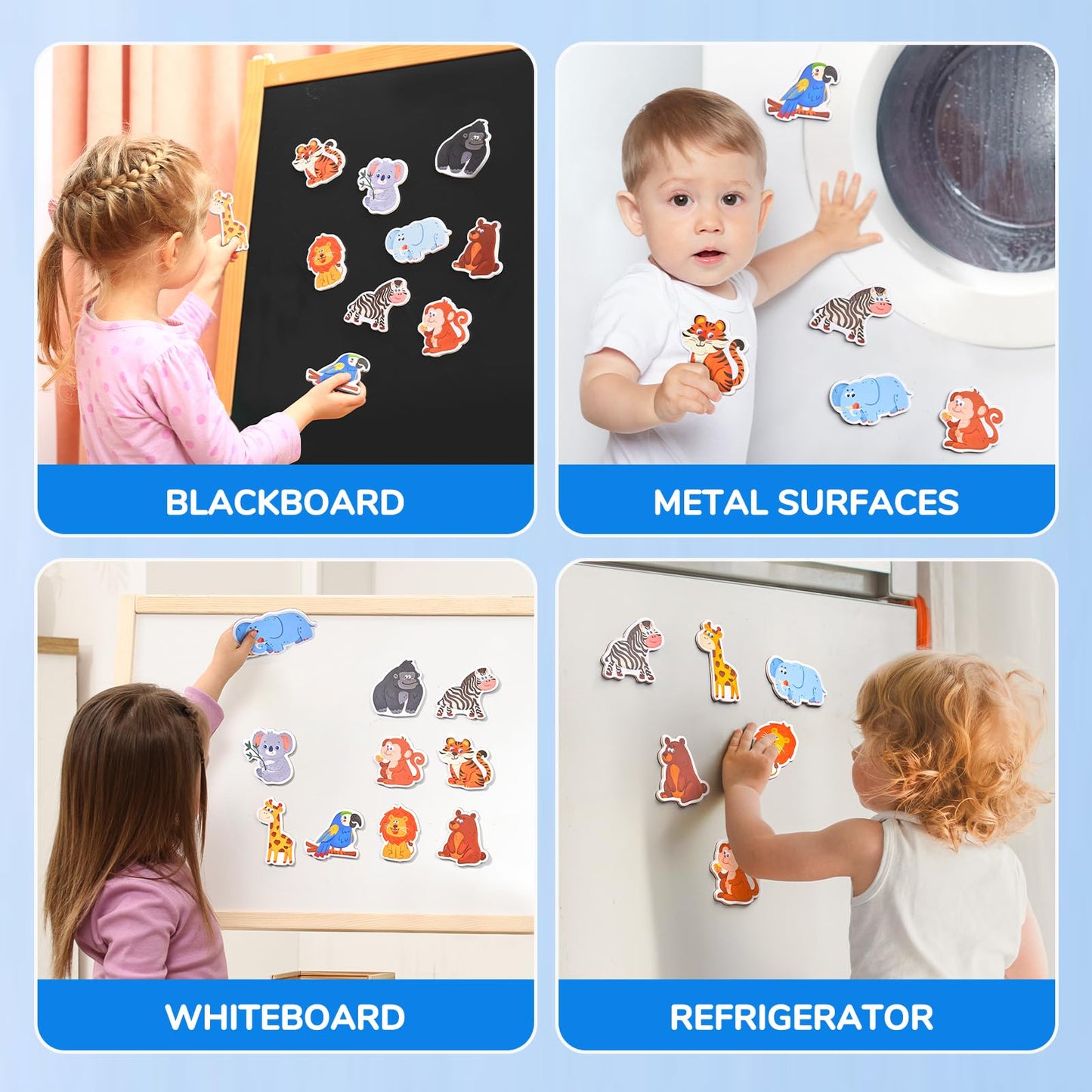 JoyCat Wooden Fridge Magnets for Toddlers - 10 Cute Zoo Animals - Full Back Magnetic Toddler Magnets, Large Refrigerator Baby To