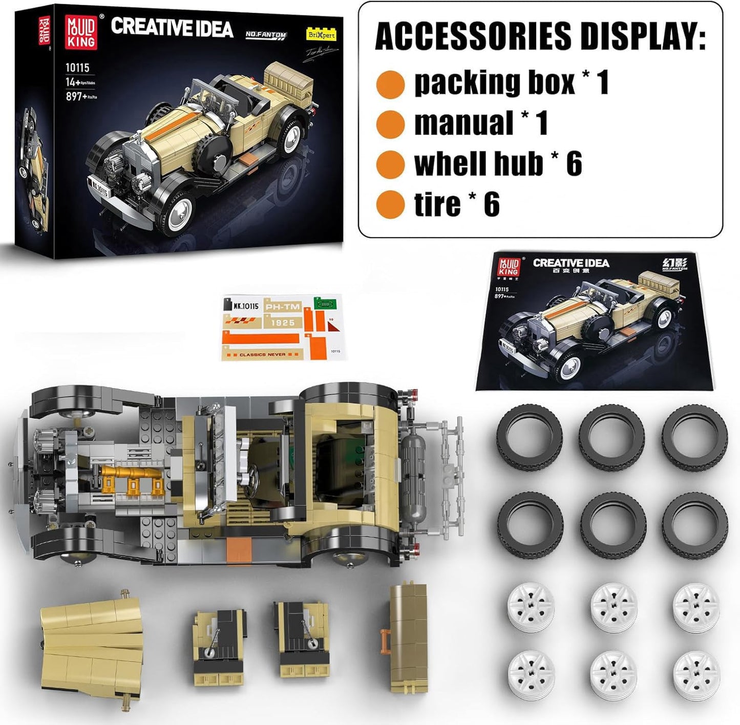 Mould King 10115 Classic Cars Building Kits MOC Vintage Car Model Building Blocks Set Gift for Age 14+/mature-themed Collections Enthusiasts(897+ Pieces Static Version)