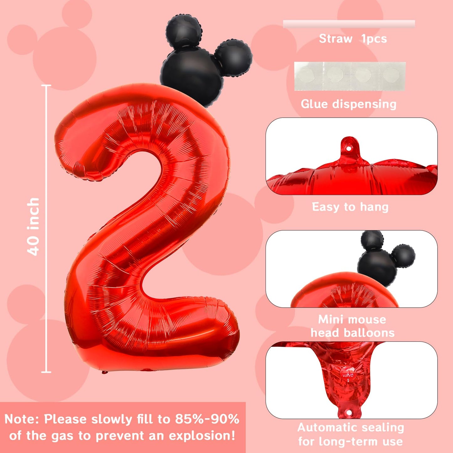 Lebery Mouse Number 2 Balloon 40 Inch Red Number 2 Balloon Mini Mouse Head Balloons For 2Nd Birthday Party, Black Red Large Numeral Two Foil Balloons For Baby Shower Anniversary Supplies Decoration