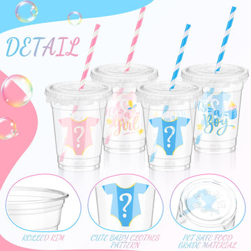 Foldtier 50 Pcs Gender Reveal Party Plastic Cup 12 Oz Gender Reveal Cups Boy Or Girl Thick Clear Cup Lids Straws Gender Reveal P