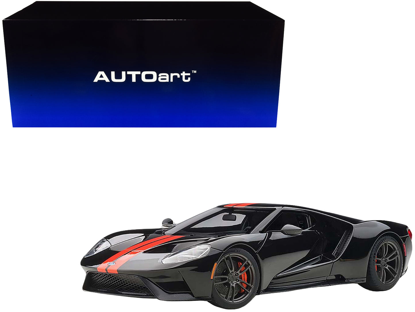 2017 Ford Gt Shadow Black With Orange Stripes 1/18 Model Car By Autoart