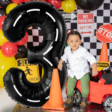 Katchon, Giant Race Car Number 3 Balloon - 40 Inch | Number 3 Race Car Balloon For Construction Birthday Party Supplies 3 Year Old | 3 Balloon Number For Race Car Birthday Party Supplies 3 Year Old