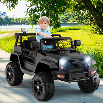 Olakids Kids Ride On Truck, 12V Electric Vehicle Jeep Car With Remote Control, Toddlers Battery Powered Toy With 2 Speeds, Spring Suspension, Double Open Doors, Led Lights, Music, Tf, Usb, Mp3 (Black)