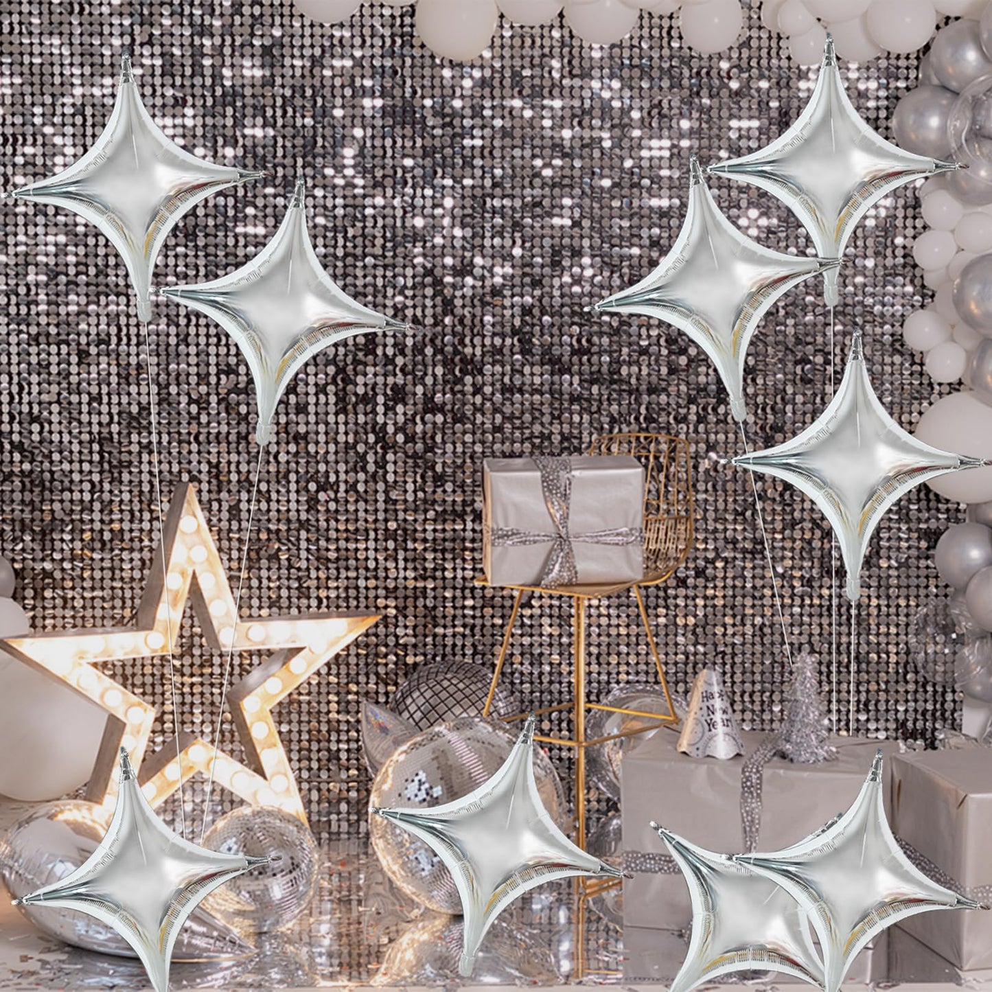 TONIFUL 20Pcs 26Inch Star Balloons Large Silver Four Pointed Star Shape Foil Balloons Big Silver Star Mylar Balloons for Birthda