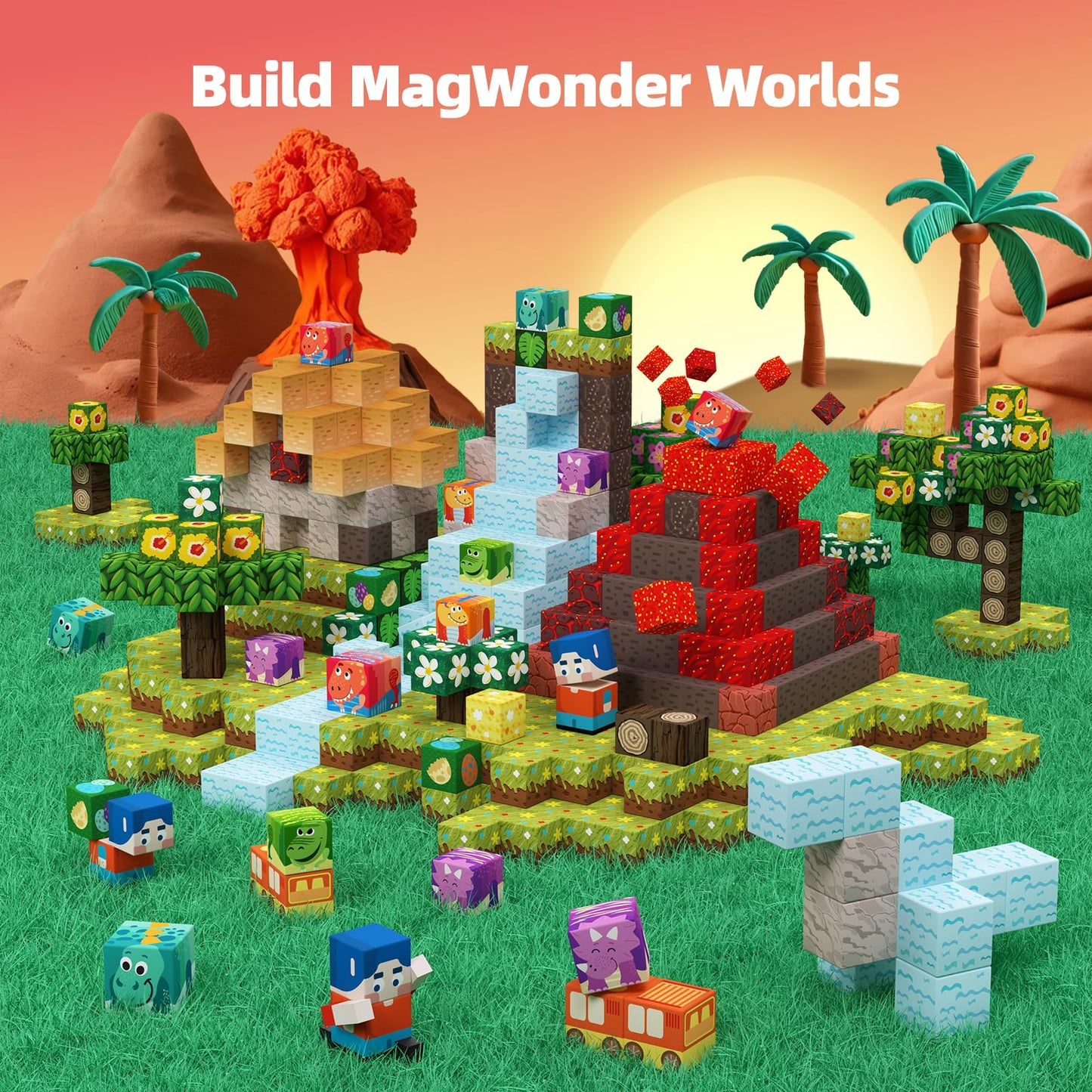 Gobidex Magnetic Blocks Dinosaur Toys - Build Mine Magwonder World Volcano Dinosaur Set, Magnetic Building Blocks For Kids Ages 3-5 4-8, Jurassic Scenes For 3+ Year Old Boys Girls Toys Birthday Gifts