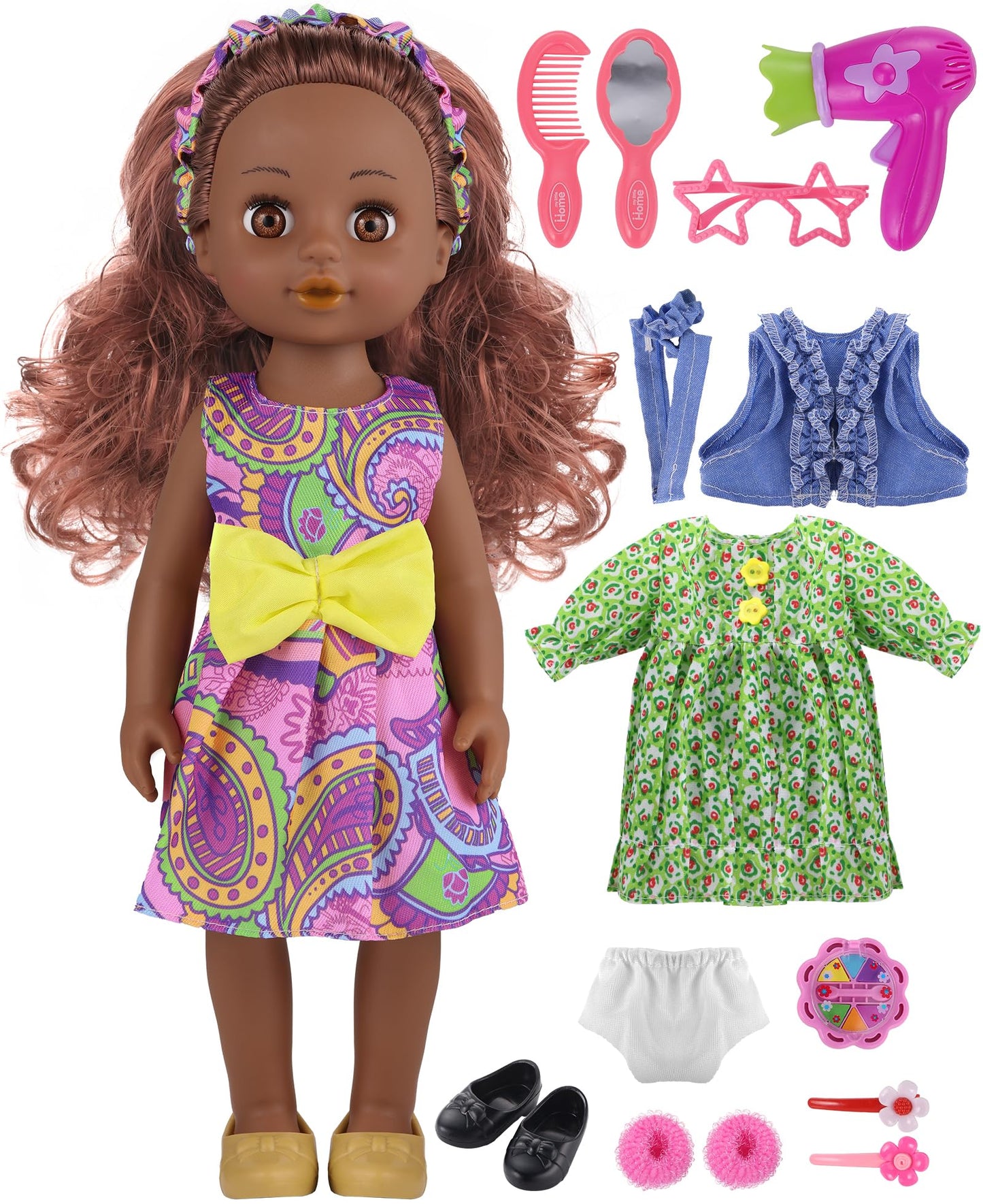 GAGAKU Black Doll for Girls, 14 Black Dolls Set for Toddlers Kids 1 2 3 4 5 6 Years Old, Black Girl Baby Doll with Hair to Comb,