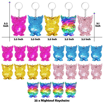 CiciBear 25 Pack Night Owl Sequin Keychains for Owl Party Favors, Kids and Adults Birthday Gift, Baby Shower, Party, 5 Colors
