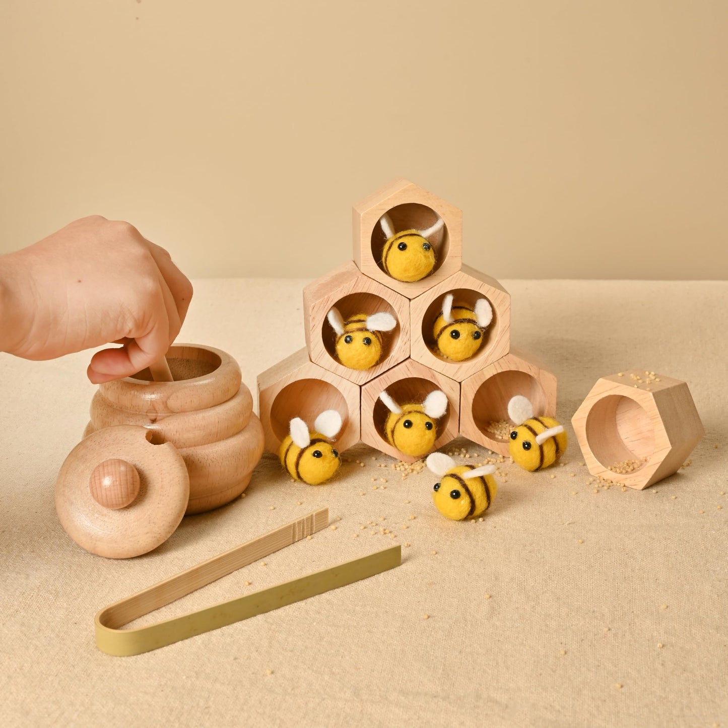 Mont Pleasant 2Pcs Wooden Beehive Toys With Lid And Honey Stick, Sorting Stacking Toys For Toddlers Montessori Wooden Toy For To