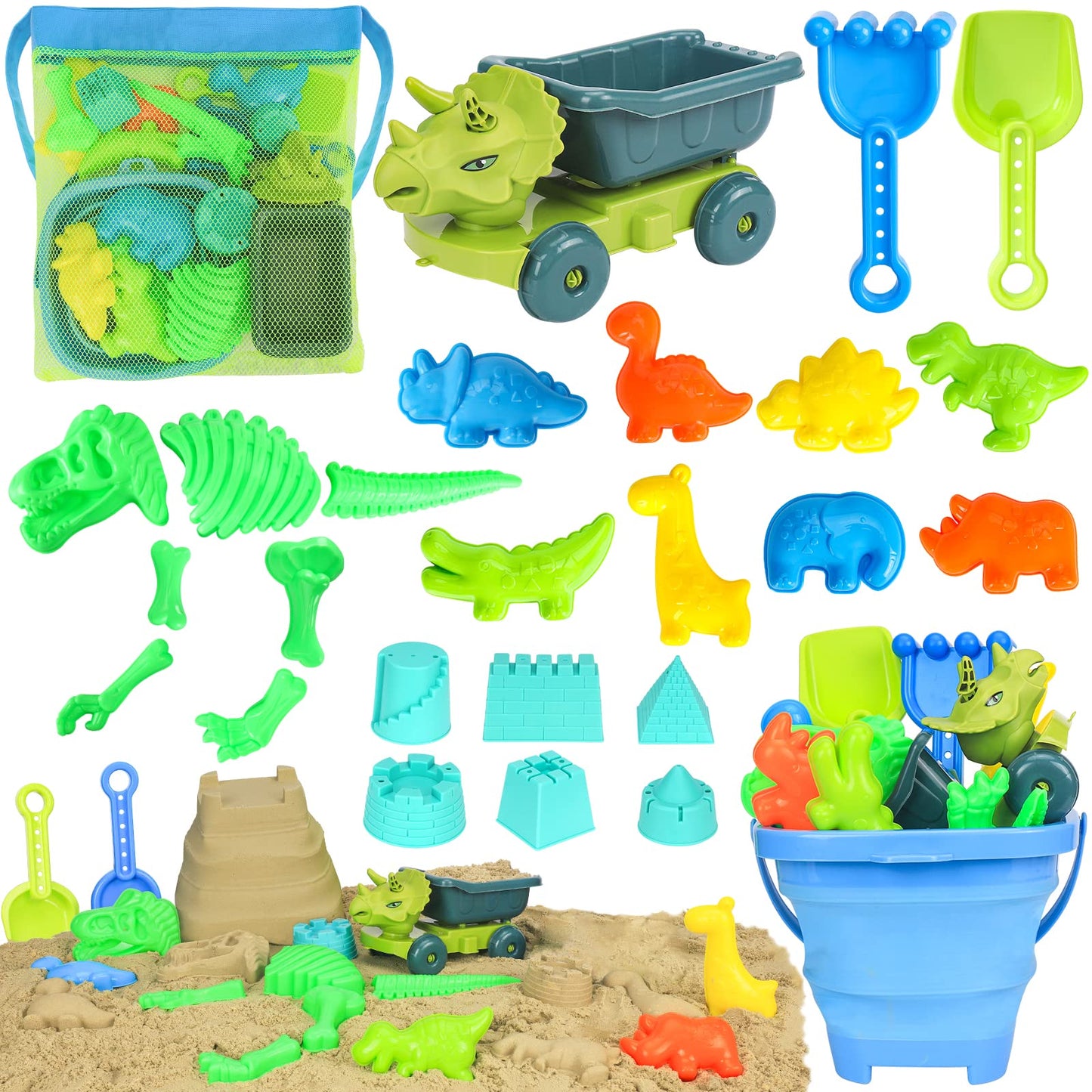 FUSPWEAO Beach Toys, Dinosaur Sand Toys with Dump Truck and Collapsible Beach Bucket, Shovel and Rake, Mesh Bag, Animal Dinosaur