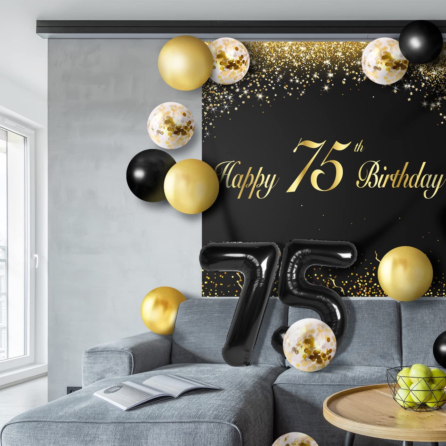 LINGPAR Black 75th Birthday Balloons Set - Cheers to 75 Years Garland Banner Decorations for Men & Women Party Supplies