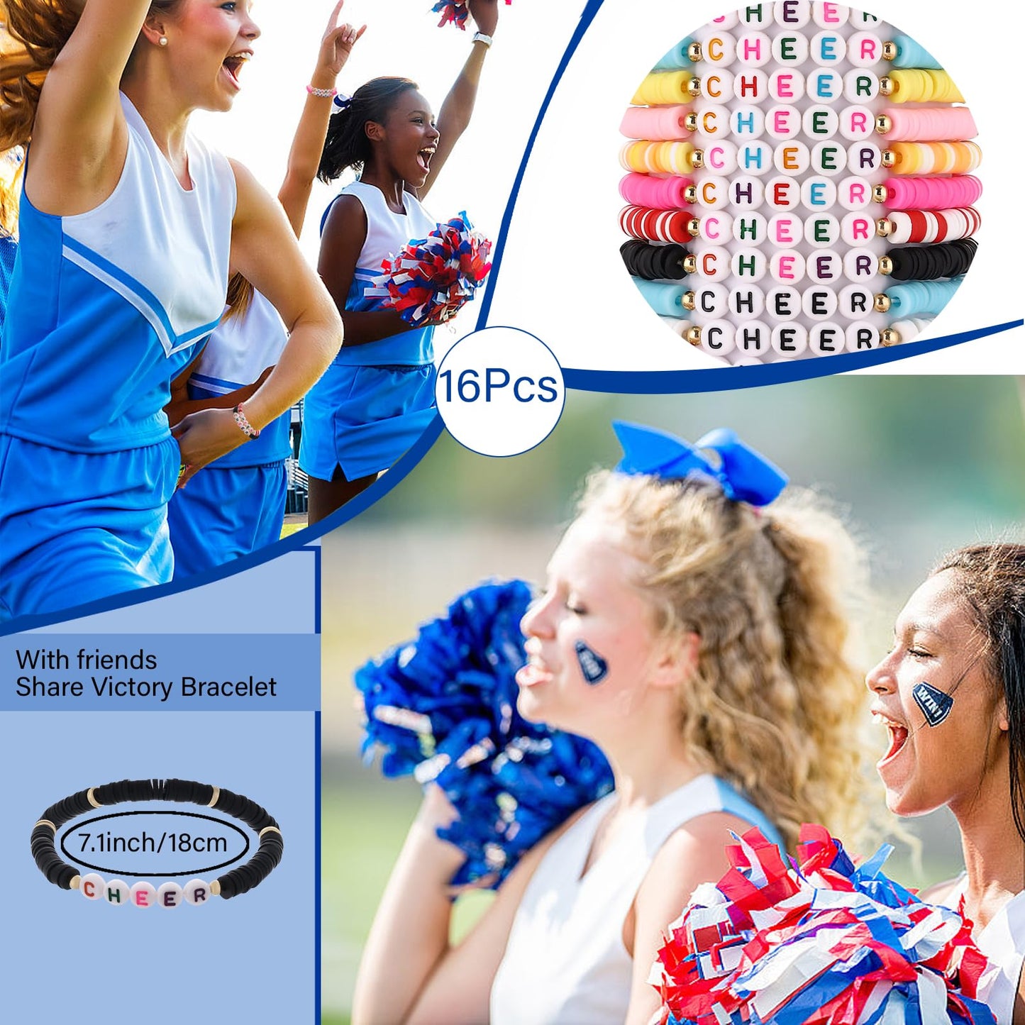 Cooluckday 16Pcs Cheer Gifts Bulk for Team Cheer Bracelets Stackable Clay Y2k Friendship Bracelets