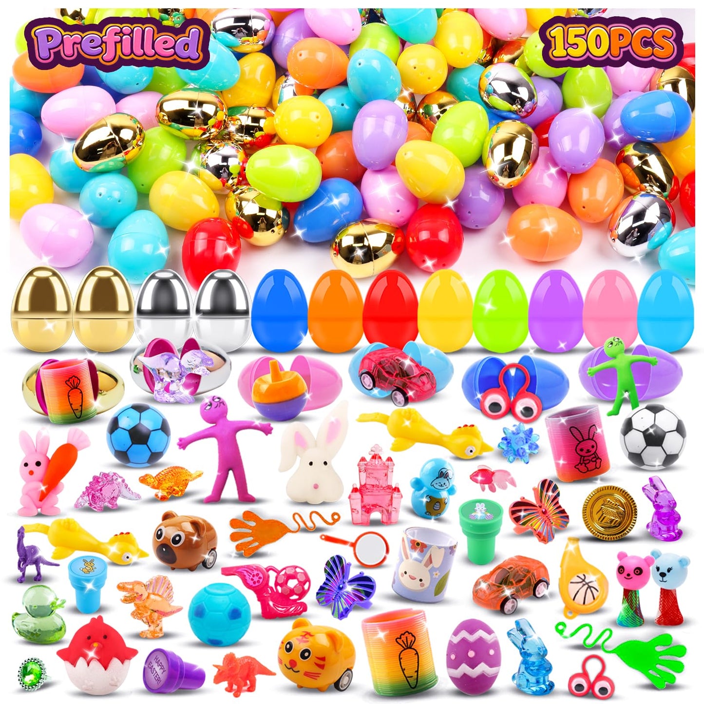 150 PCS Prefilled Easter Eggs with Toys,Filled Easter Eggs with Toys Inside,Easter Basket Stuffers for Kids,Prefilled Eggs for E