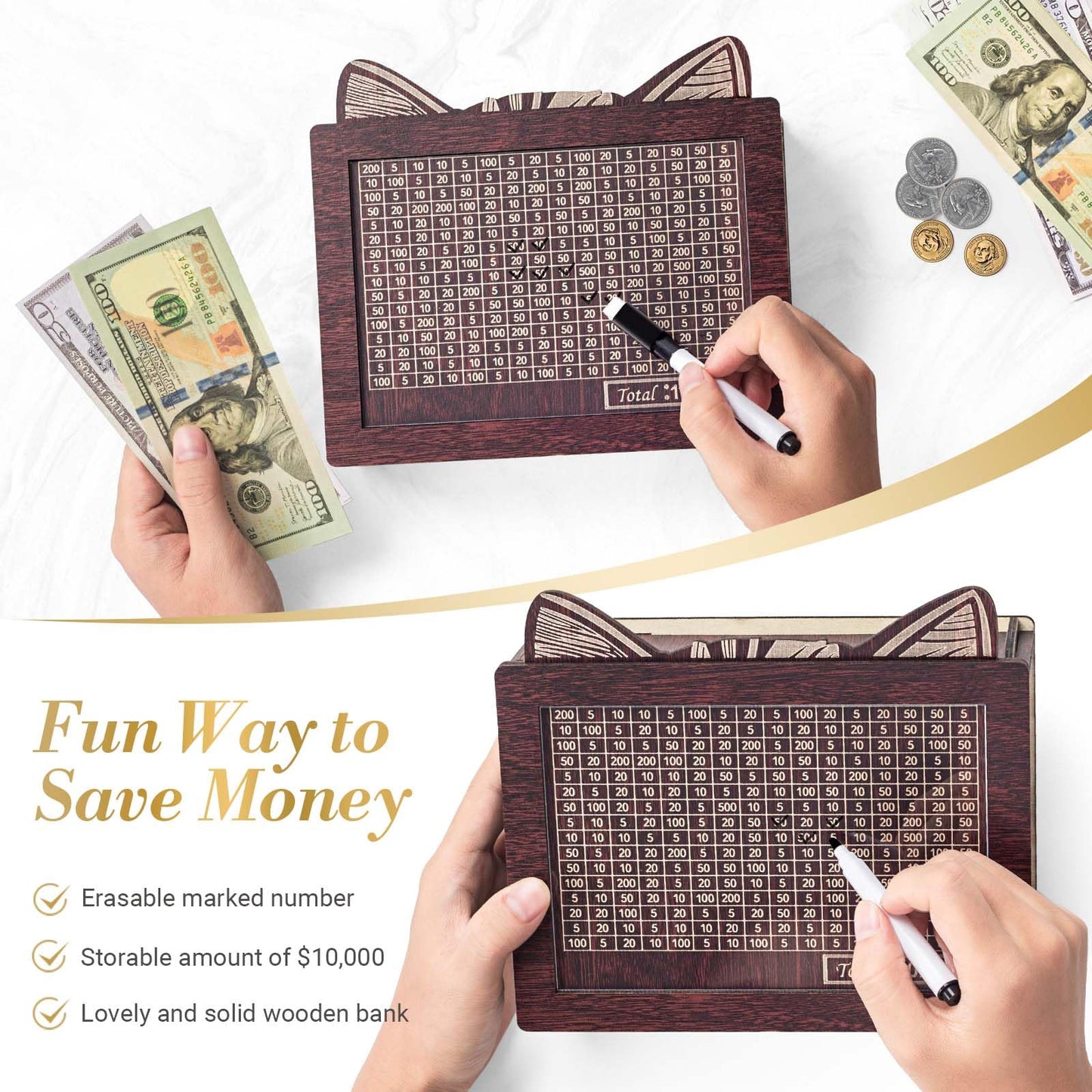 Upgraded Money Saving Box, 10000 Wooden Piggy Bank For Kids, Coin Cash Box Gifts Toys For Ages 8-13, Reusable Kakaibo Money Savi