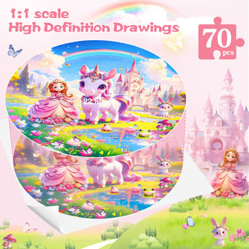 Digobay Floor Puzzles For Kids Ages 4-6, 70 Pieces Large Round Unicorn Princess Floor Puzzle Unicorn Jigsaw Puzzle Toy For 3 4 5