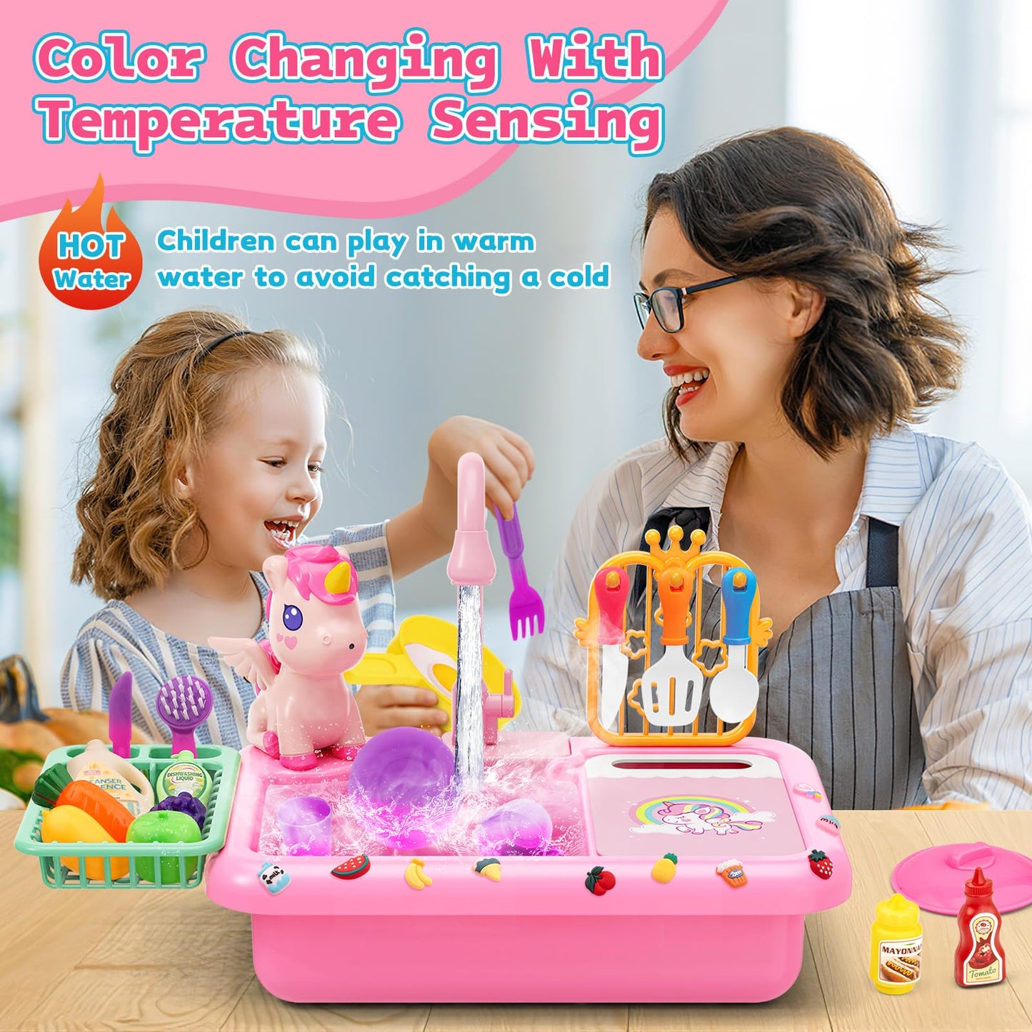deAO Play Sink with Running Water, Kitchen Sink Toys with Water Spray Toy, Color Changing Dishes, Upgraded Rear Faucet, Play Kit