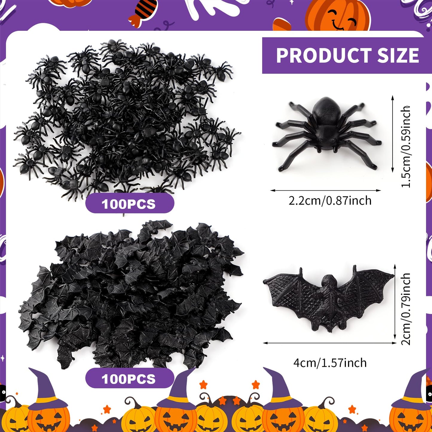 Ozio Halloween Decorations, 200 Pcs Mini Plastic Spiders Bats For Creepy Scary Prank Toys Plastic Insect Toys Halloween Miniatur
