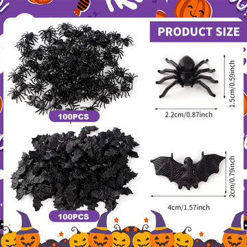 Ozio Halloween Decorations, 200 Pcs Mini Plastic Spiders Bats For Creepy Scary Prank Toys Plastic Insect Toys Halloween Miniatur