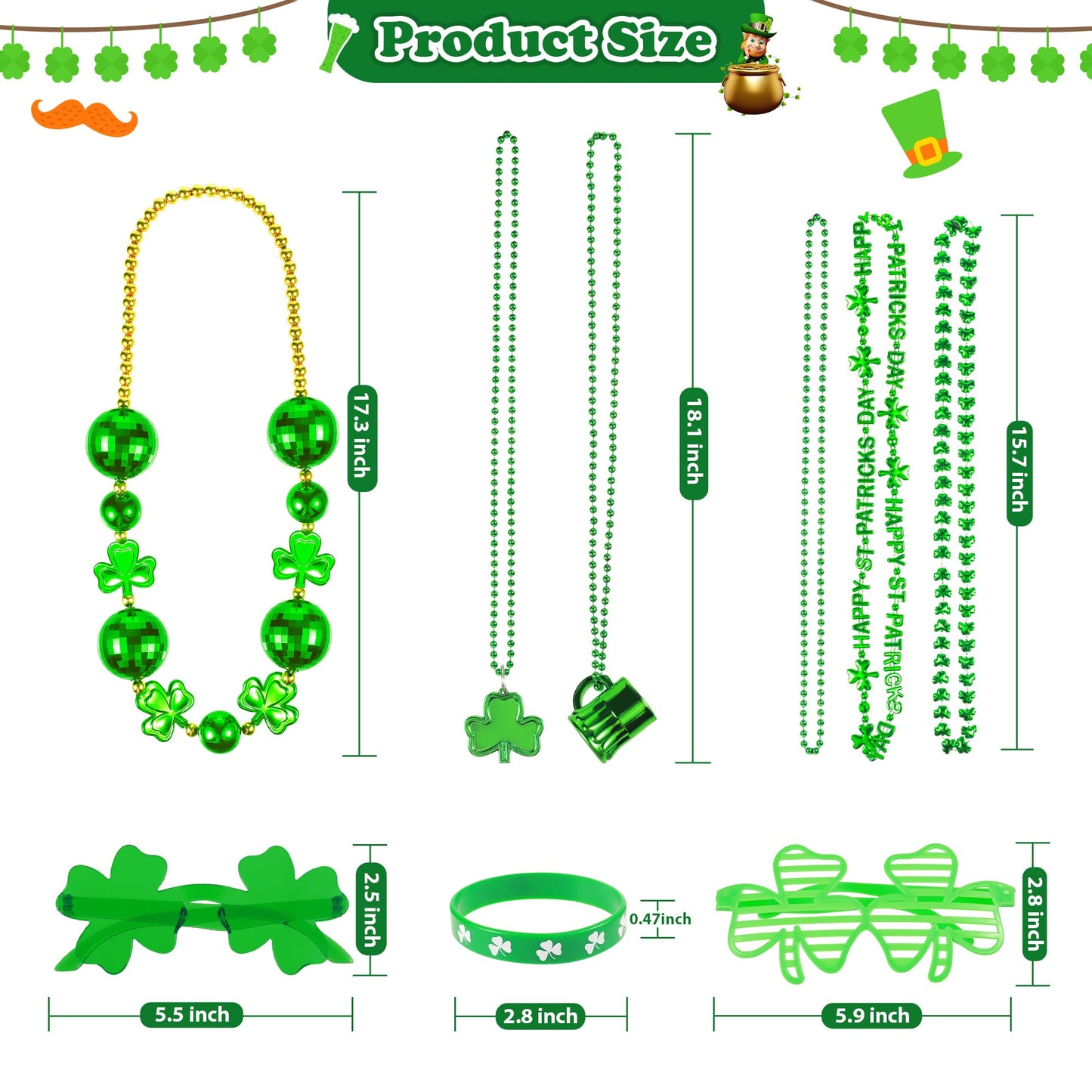 Zugm 50 Pcs St. Patricks Day Accessories, Dressing-Up St. Patricks Day Supplies Set With Green Shamrock Glasses, Shamrock Neckla
