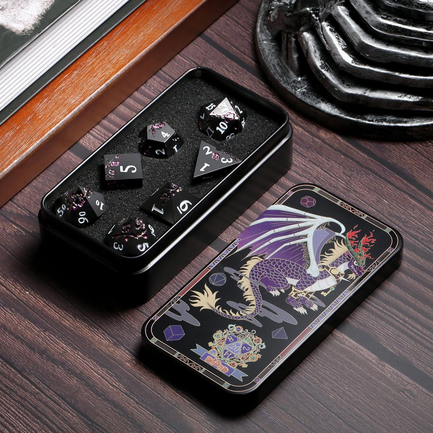 Glitter Purple Metal D&D Dice, DNDND 7 PCS Flower Metallic DND Dice Set with Grogeous Gift Case for Dungeons and Dragon Tabletop