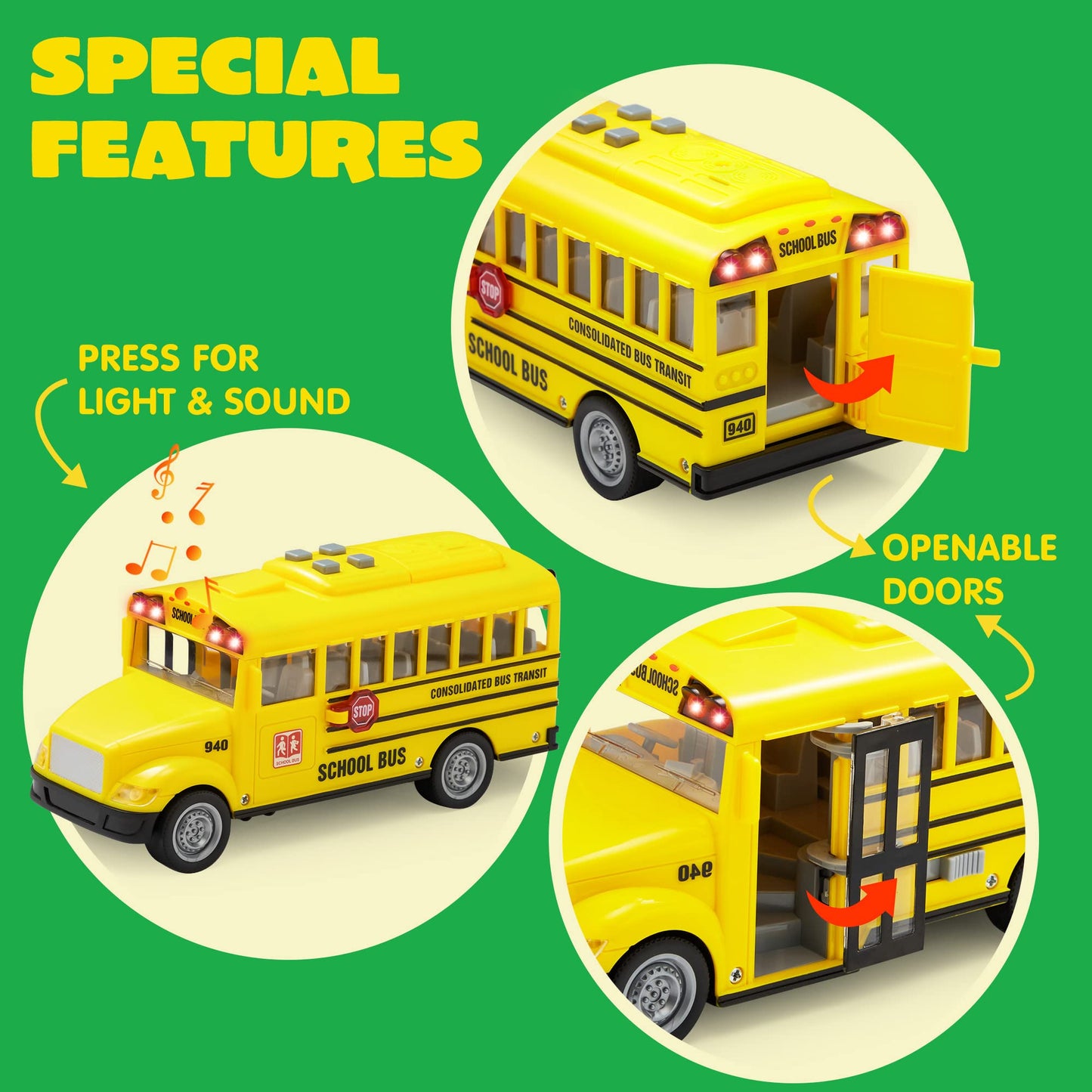JOYIN 4 Pcs 7'' Long Vehicle Toy Set, Toddlers Cars with Lights and Siren Sound, Including Play Police Car, School Bus, Toy Garb