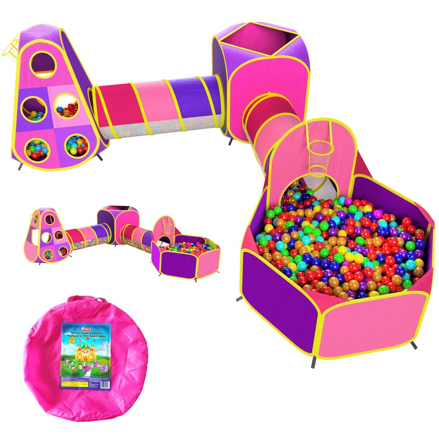 Playz 5Pc Kids Princess Play Tent, Ball Pit With Basketball Hoop & Kids Play Tunnel For Toddlers, Babies, Kids, Girls & Boys Indoor & Outdoor Pop Up Playhouse Bundle With Bag, Yellow, Pink & Purple