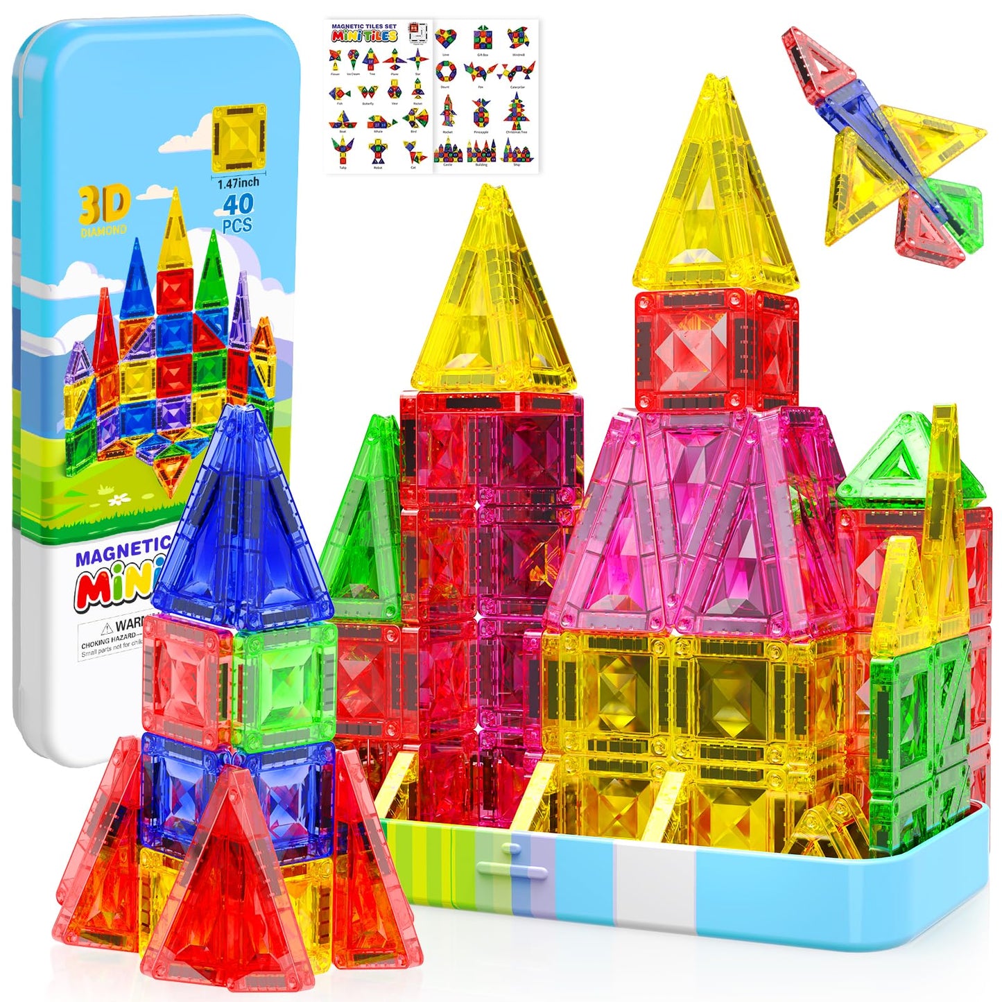 Mini Diamond Texture Magnetic Tiles with Iron Box, 40 PCS Travel Magnetic Tiles, STEM Educational Building Set Construction Toys