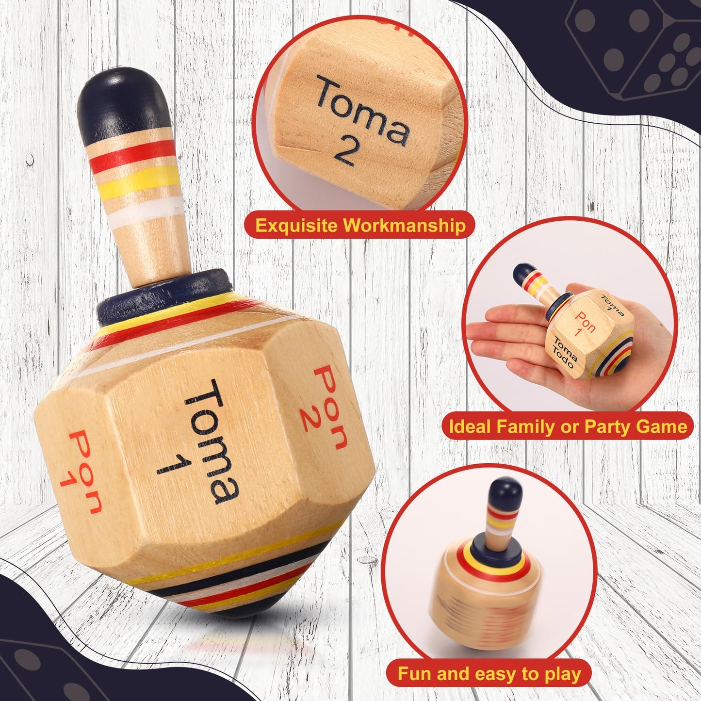 Poen 10 Pieces Large Wooden Toma Todo Bulk, 4.5 Inch Classic Mexican Wood Spinning Top Game For Kids And Adults, Pirinola Toma T