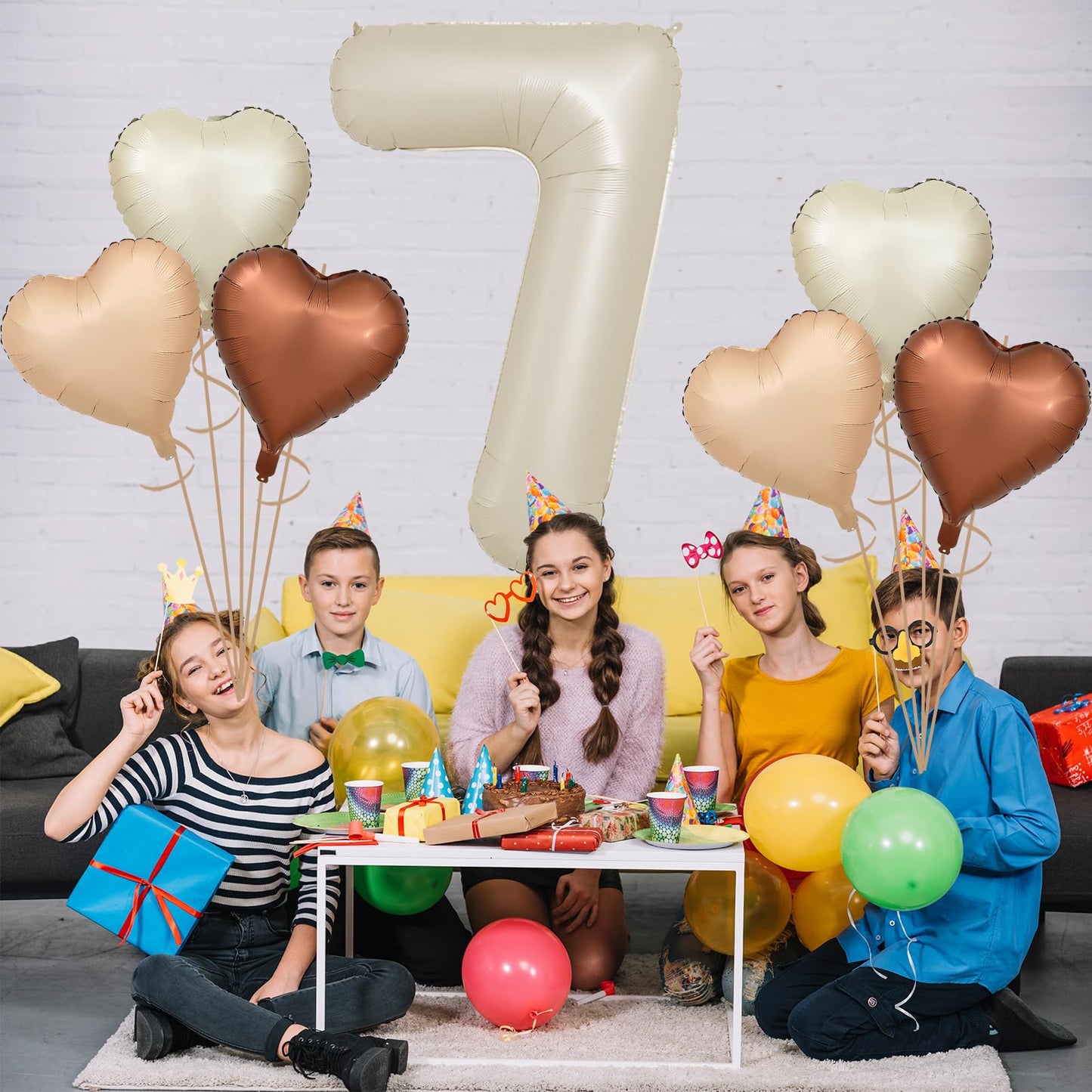 Biapian 40 Inch Cream White Number 7 Balloons, Beige White Large Number 7 Balloons With 18'' Cream Foil Heart Balloons Helium Fo