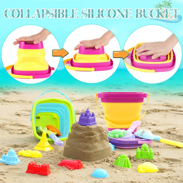 Oun Nana Beach Toys, 21 PCS Sand Toys for Kids, Sandbox Toys with Collapsible Beach Buckets and Shovels Set, Sand Castle Kit, Sa