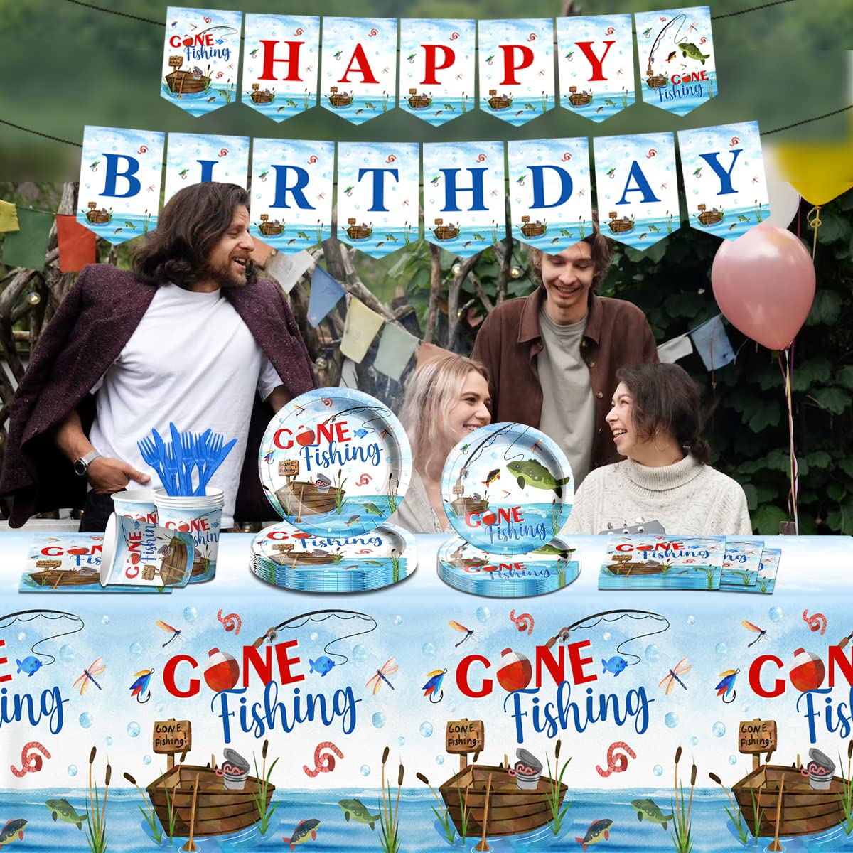 142 Pcs Gone Fishing Tableware,Fishing Birthday Party Decoration Little Fisherman Gone Fishing Themed Disposable Tablecloth,Plat