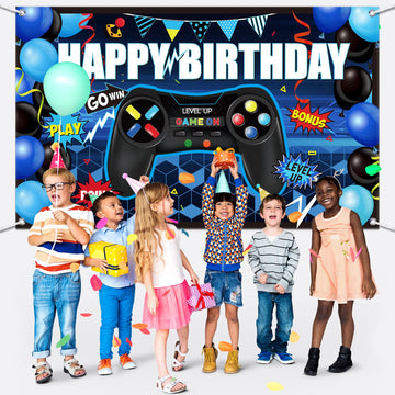 Blulu Video Game Happy Birthday Backdrop Game on Birthday Banner Level up Gaming Theme Party Background Photo Props for Party Wa