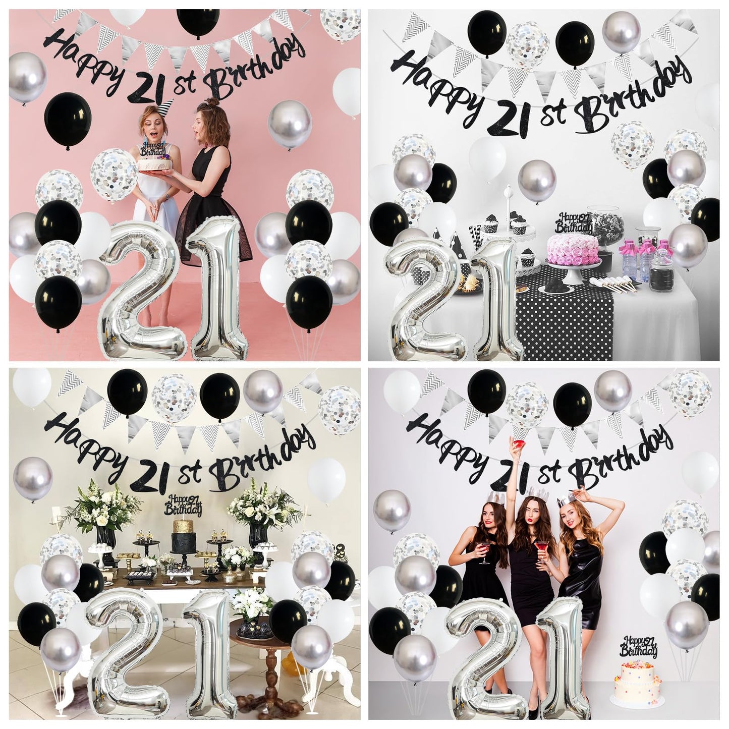 21St Birthday Decorations For Him Her, Happy 21St Birthday Banner With Black Silver White 21St Birthday Balloons Birthday Cake T