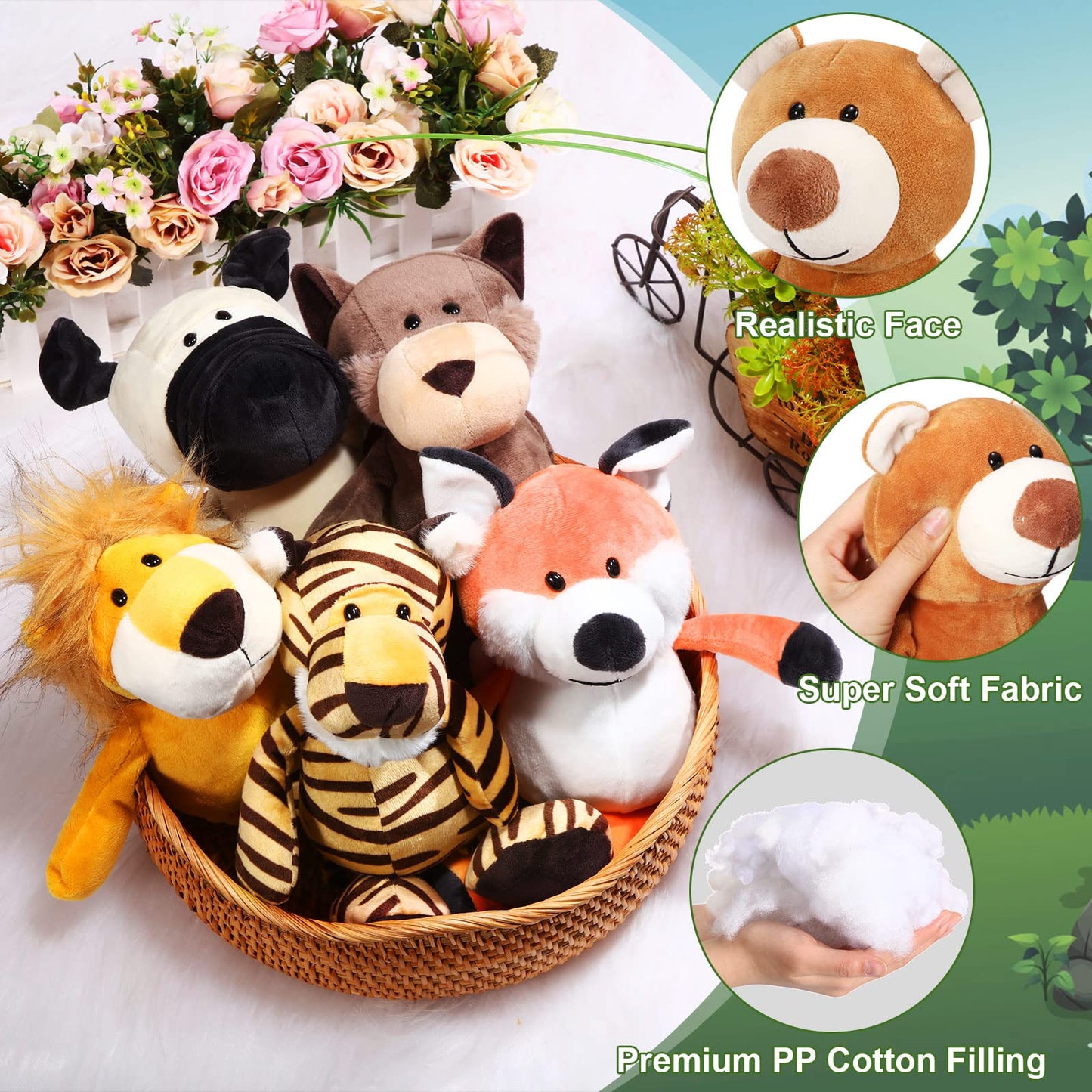 24 Pcs Valentines Day Plush Safari Stuffed Animal Set 10 Inch Cute Plush Jungle Animal Toys Lion Elephant Tiger Giraffe Zebra Panda For Boys Girls Classroom Prize Awards Birthday Party Supplies