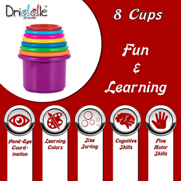 Driddle Colorful Stacking & Nesting Cups - 8 Cups Fun Color Learning Toy - Great Bath & Beach Toy For Baby Toddler & Kids - Preschool Game
