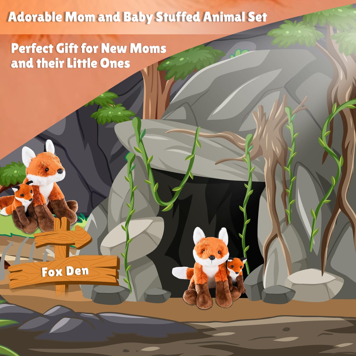 Mom And Baby Mini Fox Stuffed Animals For Boys And Girls, Safari Baby Shower Decorations, Nursery Decor, Zoo Animals For Toddler