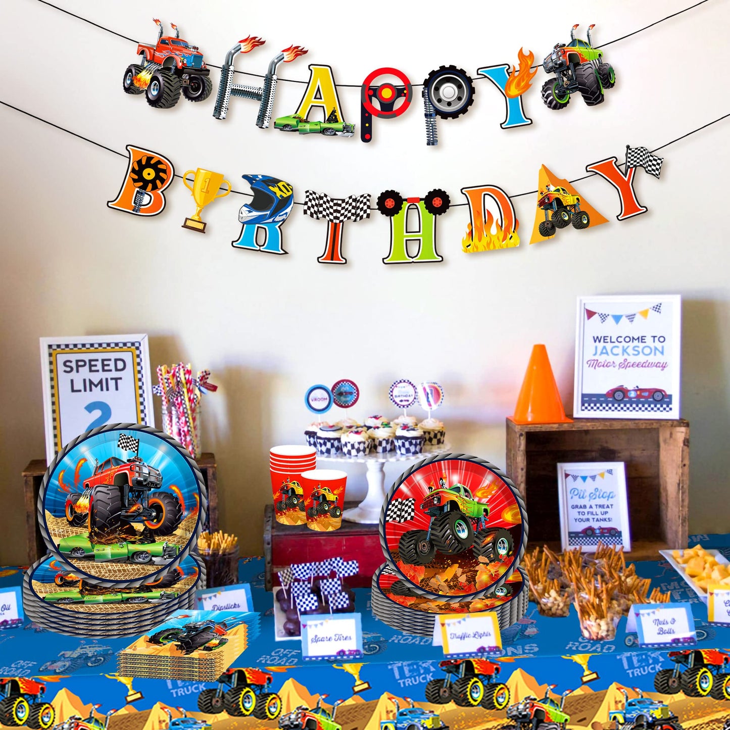 Roaring Good Time 60 Pcs Monster Trucks Birthday Decoration Kit - Monster Trucks Party Plates, Napkins, Tablecloth, Banner & Accessories - Red, Cartoon Theme