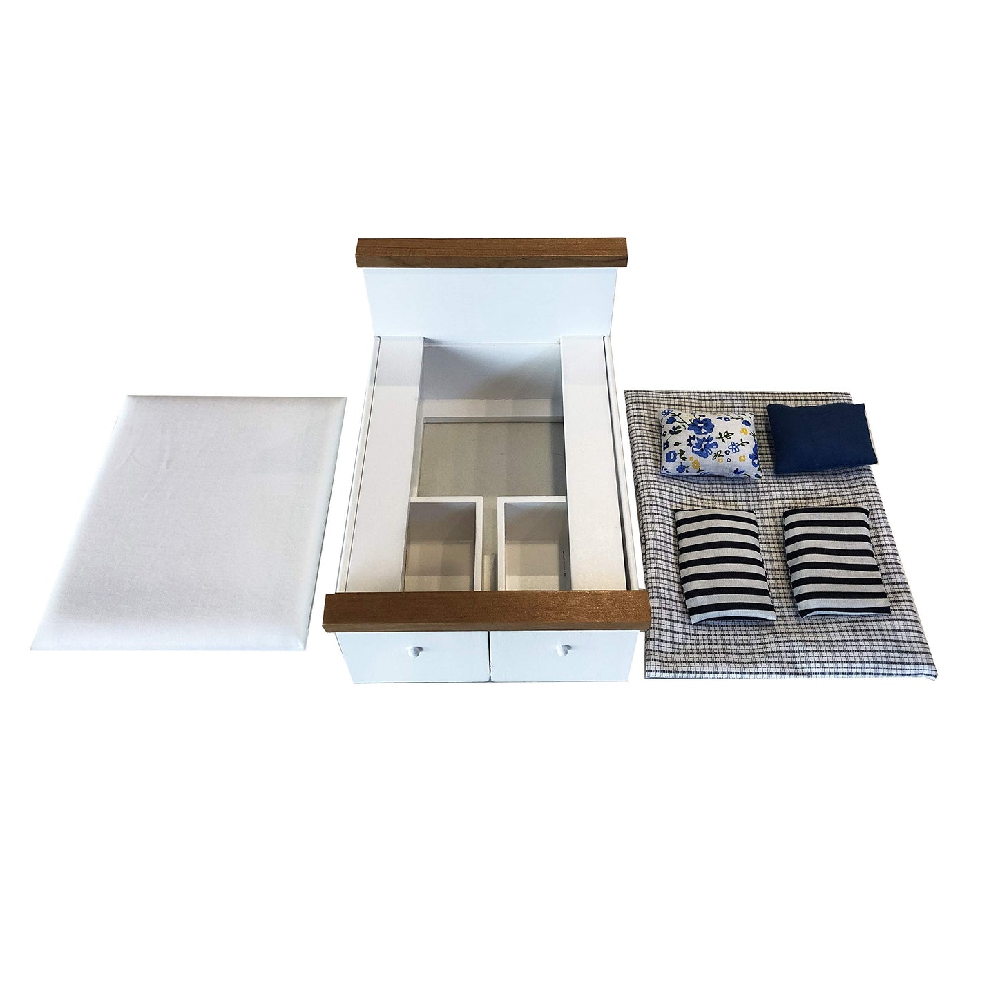Dollhouse Furniture Queen Bed Set, Mini Bedroom Accessories For 6 Inch Dolls, Grey Bedding, White Wooden Frame, 1/12 Scale