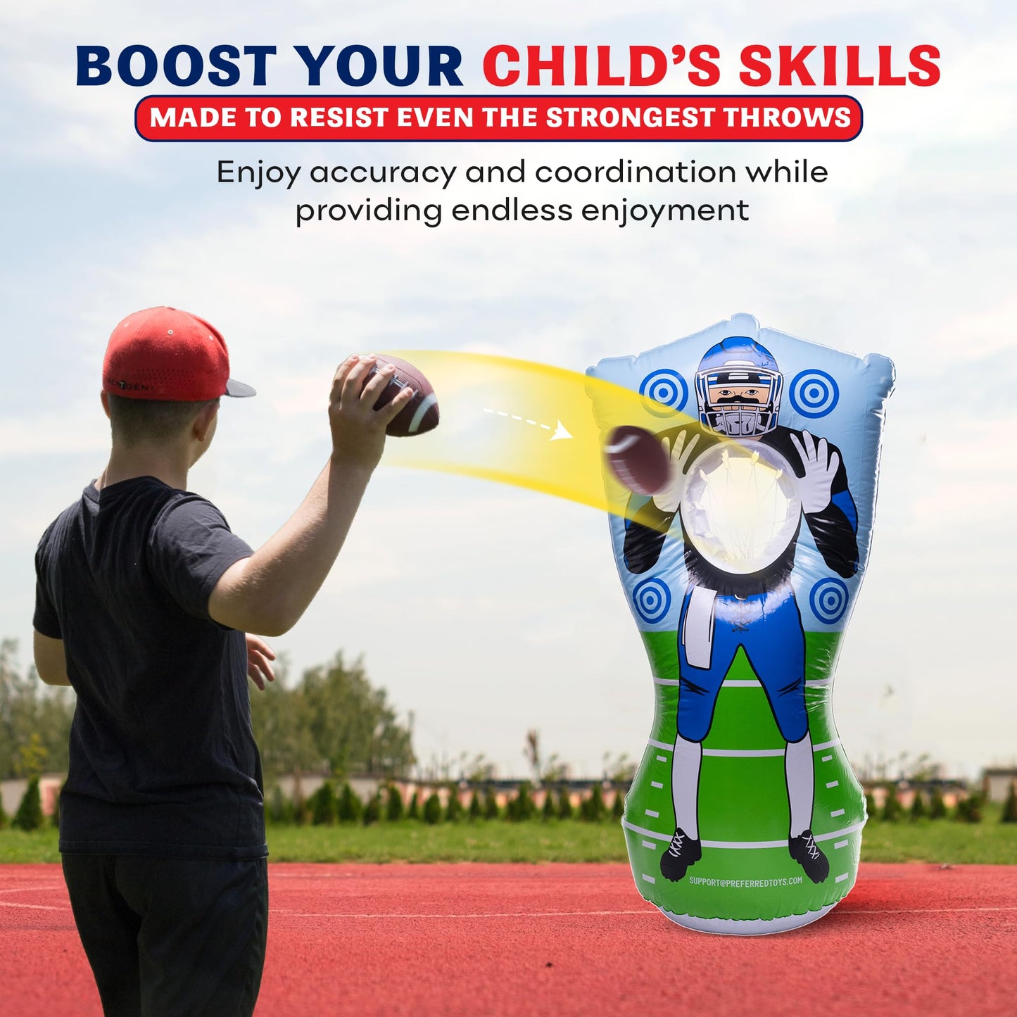 Preferred Toys Inflatable Football Target - Double-Sided Toss Game, 65 Inch, Red/Blue, Includes Mini Footballs for Indoor/Outdoor Fun