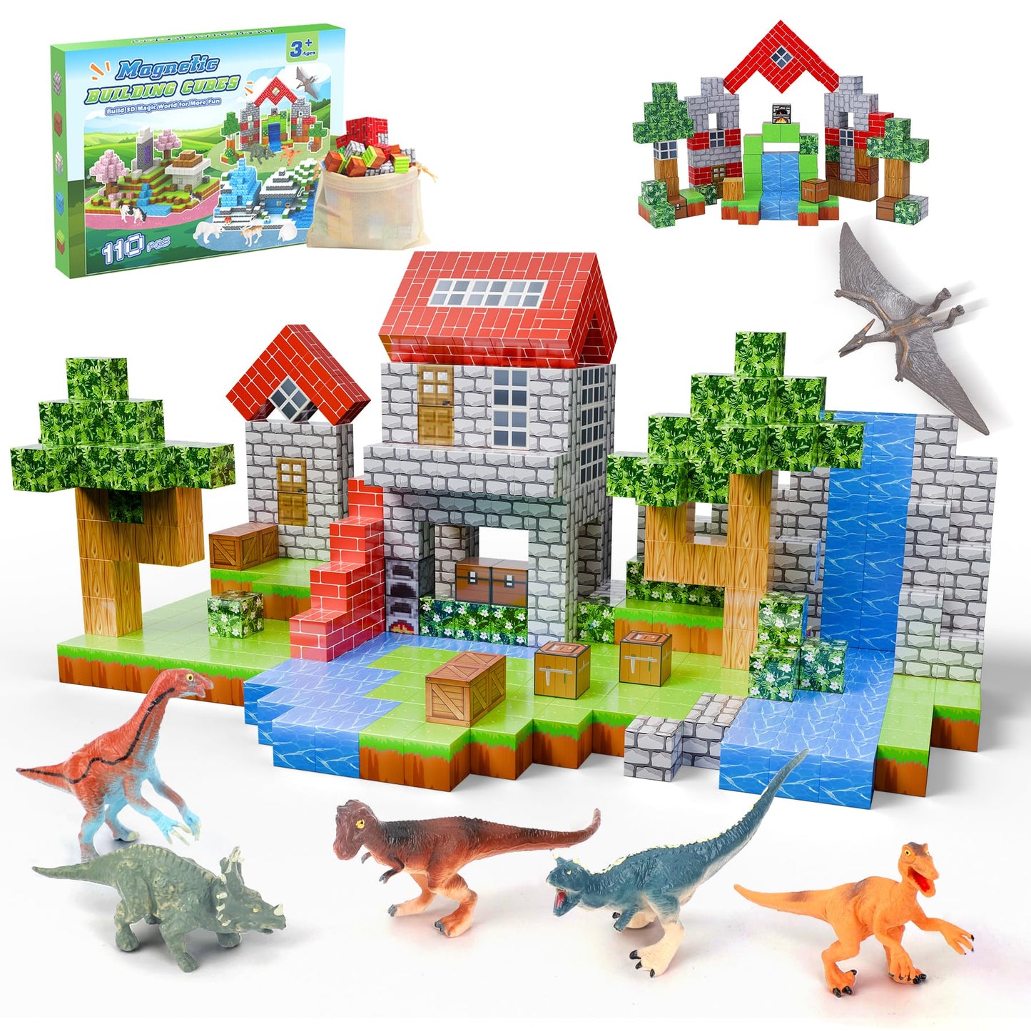 Magnetic Blocks 110Pcs With 6 Dinosaur Toys, Mine Magnet World Building Blocks Set, Toys For Boys & Girls Age 4-6,6-8, Stem Mont