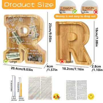 weallbuy Large Letter Piggy Bank for Kids Boys Girls Wooden Personalized Piggy Banks A-Z with Target Area Clear Alphabet Banknote Coin Banks for Gift Decoration Baptism (R)