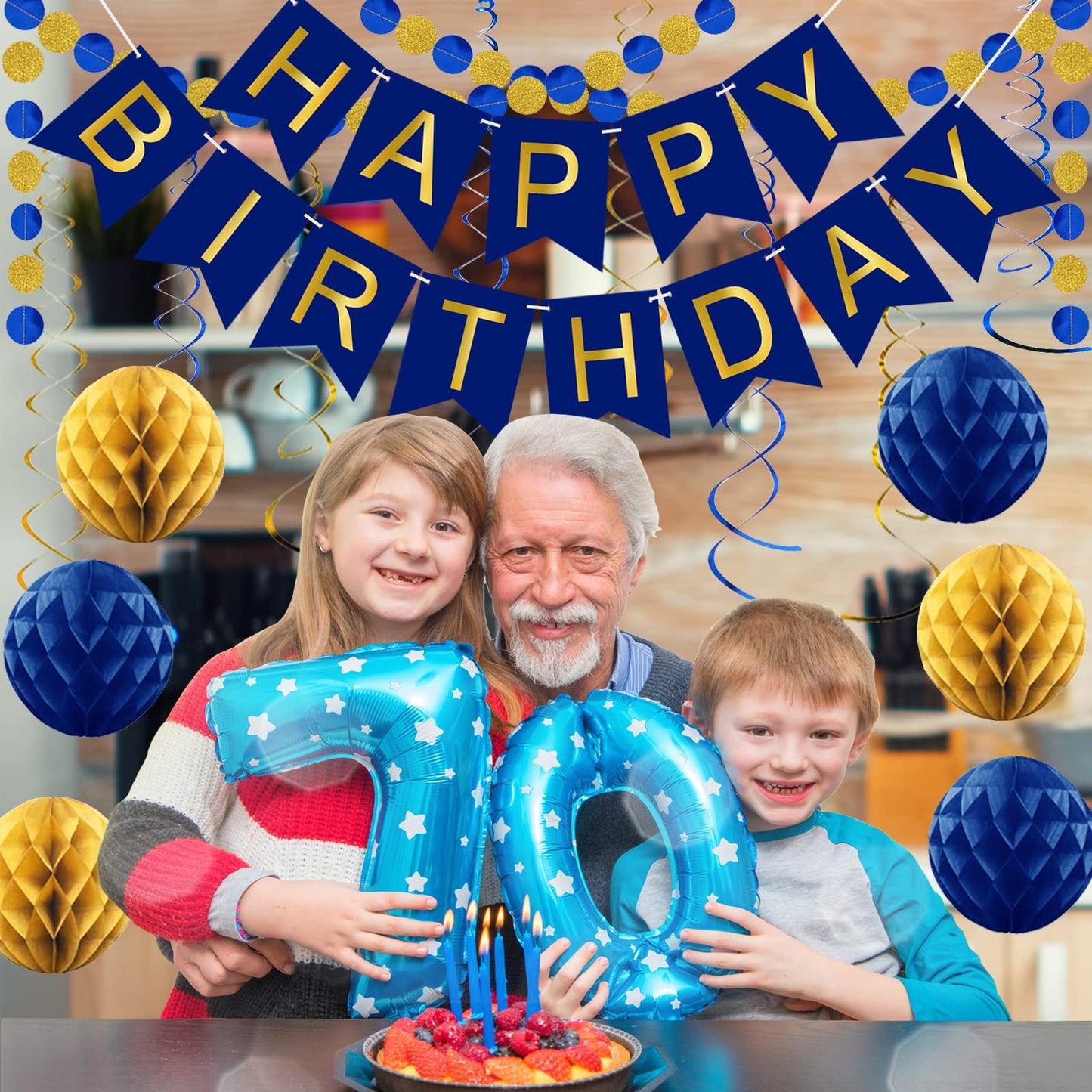 Navy Blue Birthday Decorations With Happy Birthday Banner, Paper Honeycomb Balls, Circle Garland And Hanging Swirl Decorations, Navy Blue Birthday Party Decorations, Birthday Decorations For Men