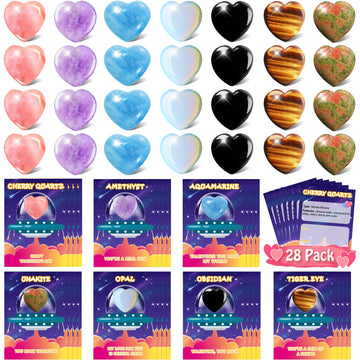 JOYPRO Valentines Day Gifts for Kids Classroom, 28 Pack Valentines Cards Goodie Bags with Heart Stones, Valentine Exchange Gifts