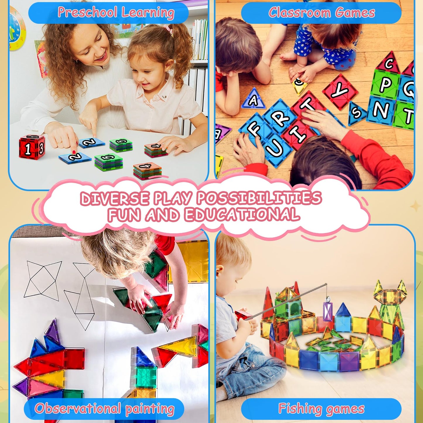 Lotmey Magnetic Tiles for Kids, Magnetic Blocks Building Toys, 3D Magnet Tiles Building Blocks, Preschool Magnetic Toys Stacking