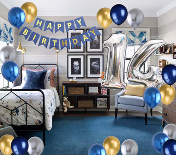 14Th Birthday Party Decoration For Boys, Birthday Banner Blue Number 14 Birthday Balloons Metallic Silver Blue Gold Latex Balloo