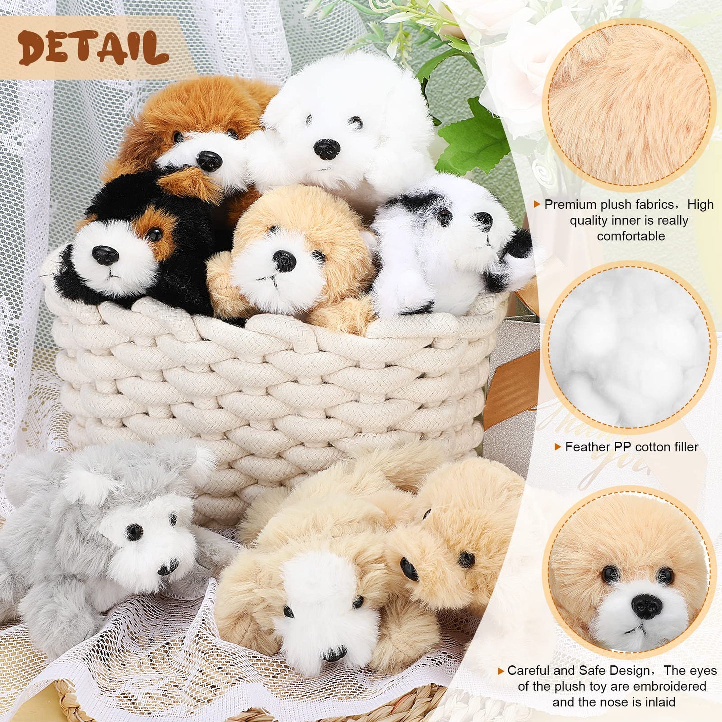 8-Piece Plush Pets Set, 5-Inch Assorted Stuffed Animals, Small Long-Hair Dogs For Kids, Classroom & Party Decorations