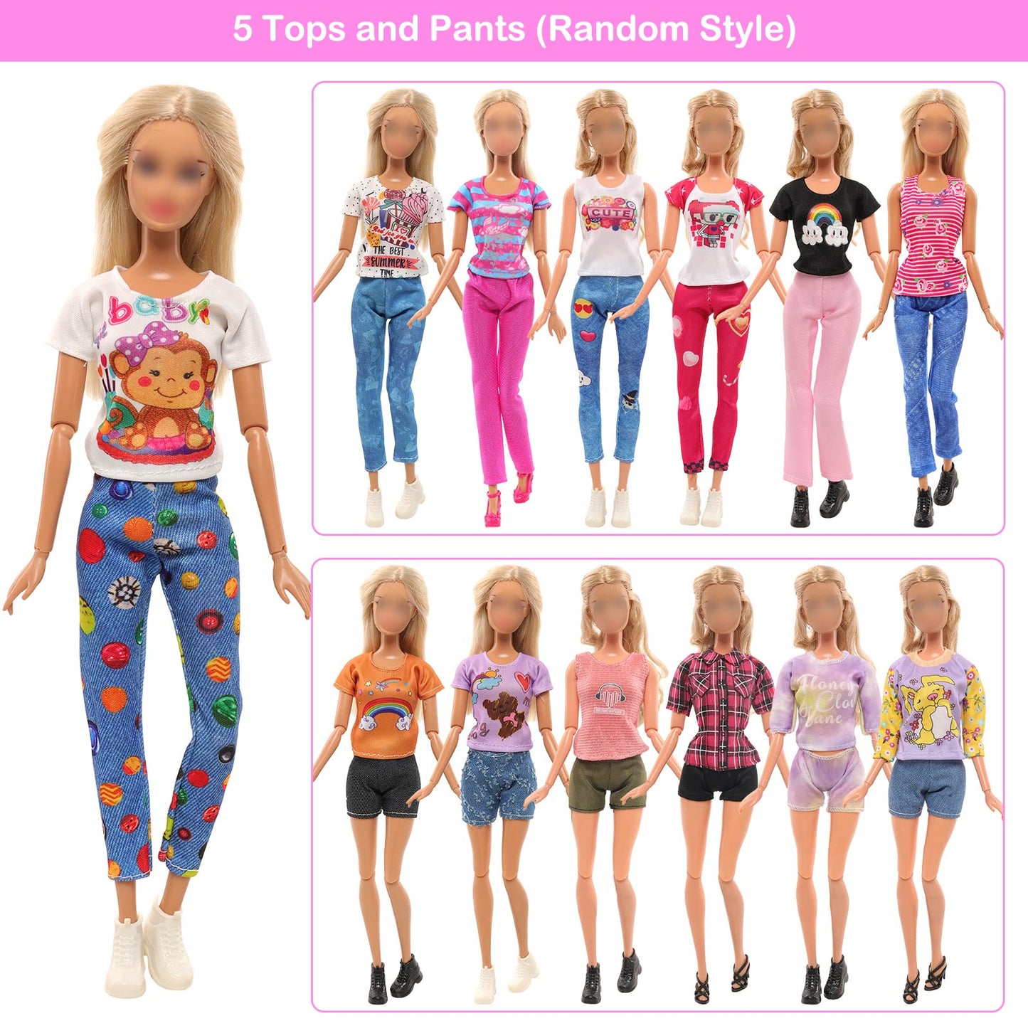 Barwa 10 Sets Doll Clothes Including 5 Fashion Floral Dresses 5 Sets Casual Outfits Tops And Trousers, Shorts For 11.5 Inch Girl Dolls…