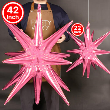 Partywoo Pink Star Balloons, 2 Pcs 42 Inch Large 14-Pointed Starburst Balloons, One-Piece Star Explosion Balloons With Ribbon, Point Star Foil Balloons, Mylar Balloons For Birthday Party Decorations