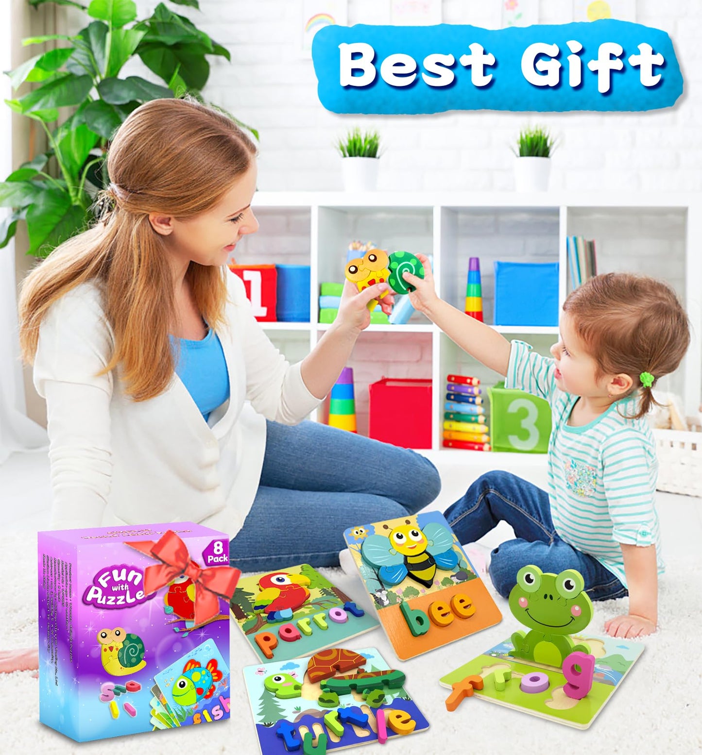 Aiziyuo Animal Wooden Puzzles With Letters Spelling, Montessori Toys For Toddlers 1-3, 8 Pack Baby Puzzle For Kids1 2 3+ Years O