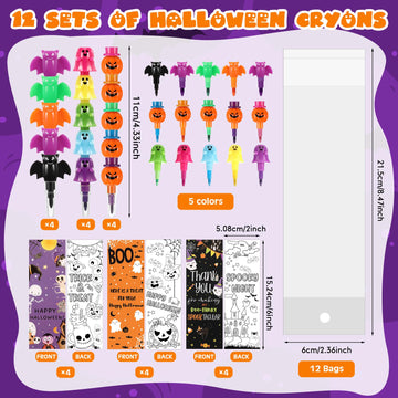 MotiMind 12 Set Halloween Crayons Party Favors Bat Pumpkin Ghost Stackable Crayons with Drawable Cards Kids Halloween Party Gift